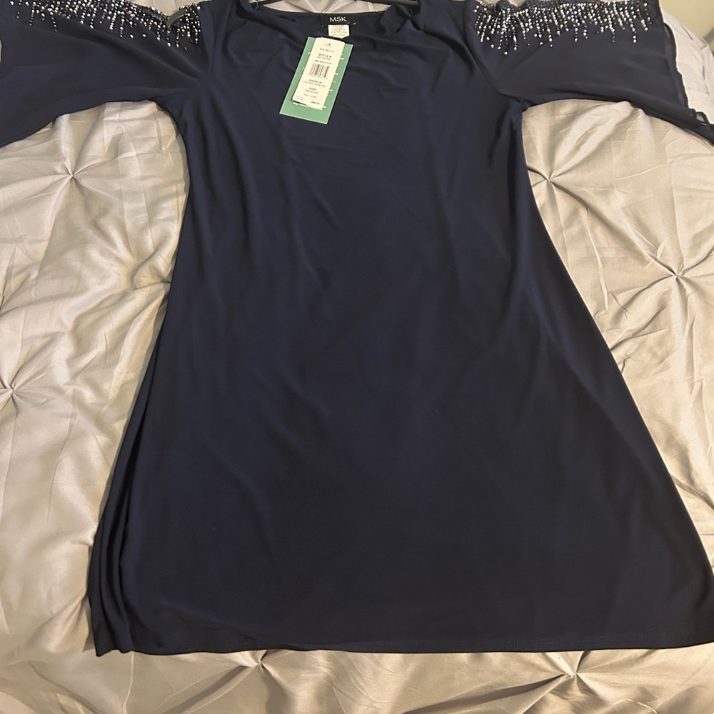 Vince Camuto Navy Dress with Embellished Shoulders